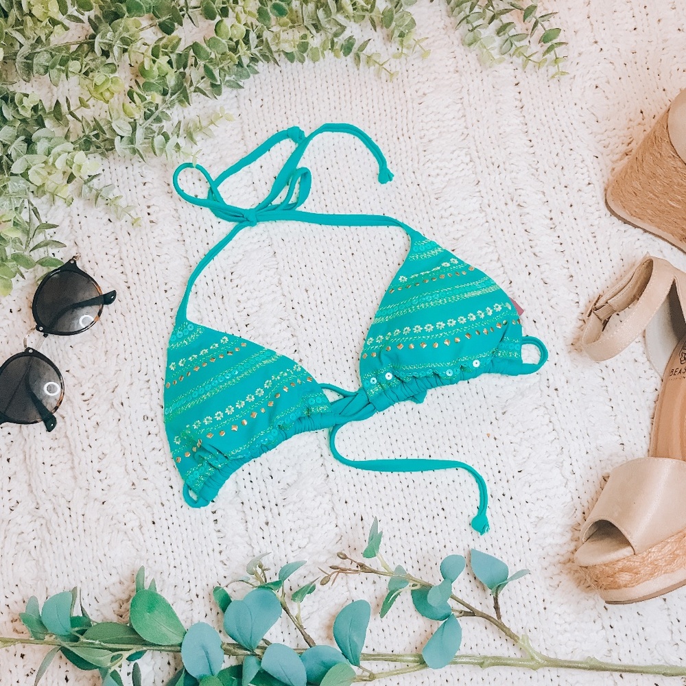 Reef Aqua Embellished Triangle Bikini Top NWT XS